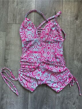 Pink & Aqua Snake Print Ruched Brazilian Jumpsuit